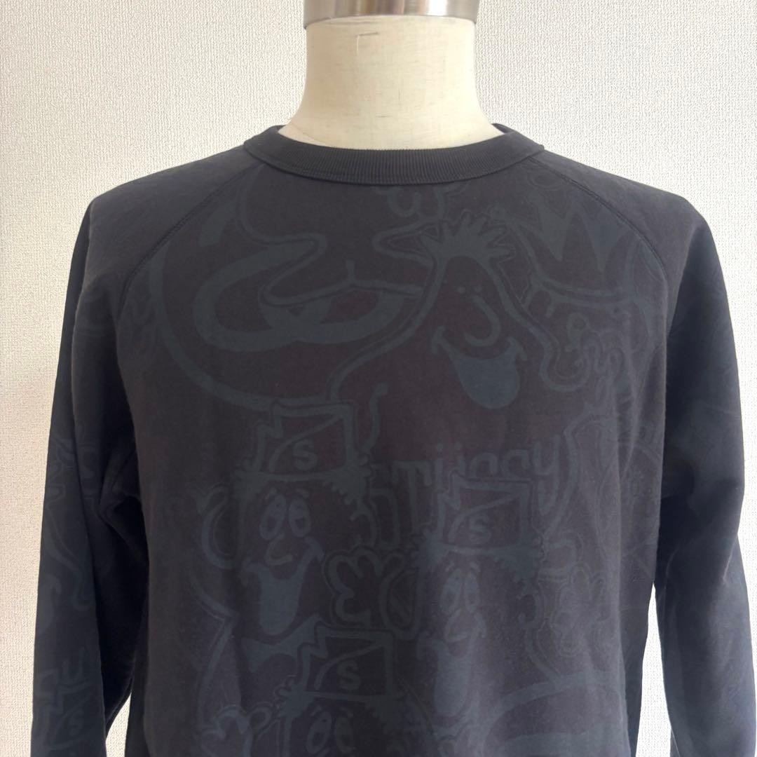 Stussy all over pattern sweatshirt L black character logo design good quality thumbnail 7