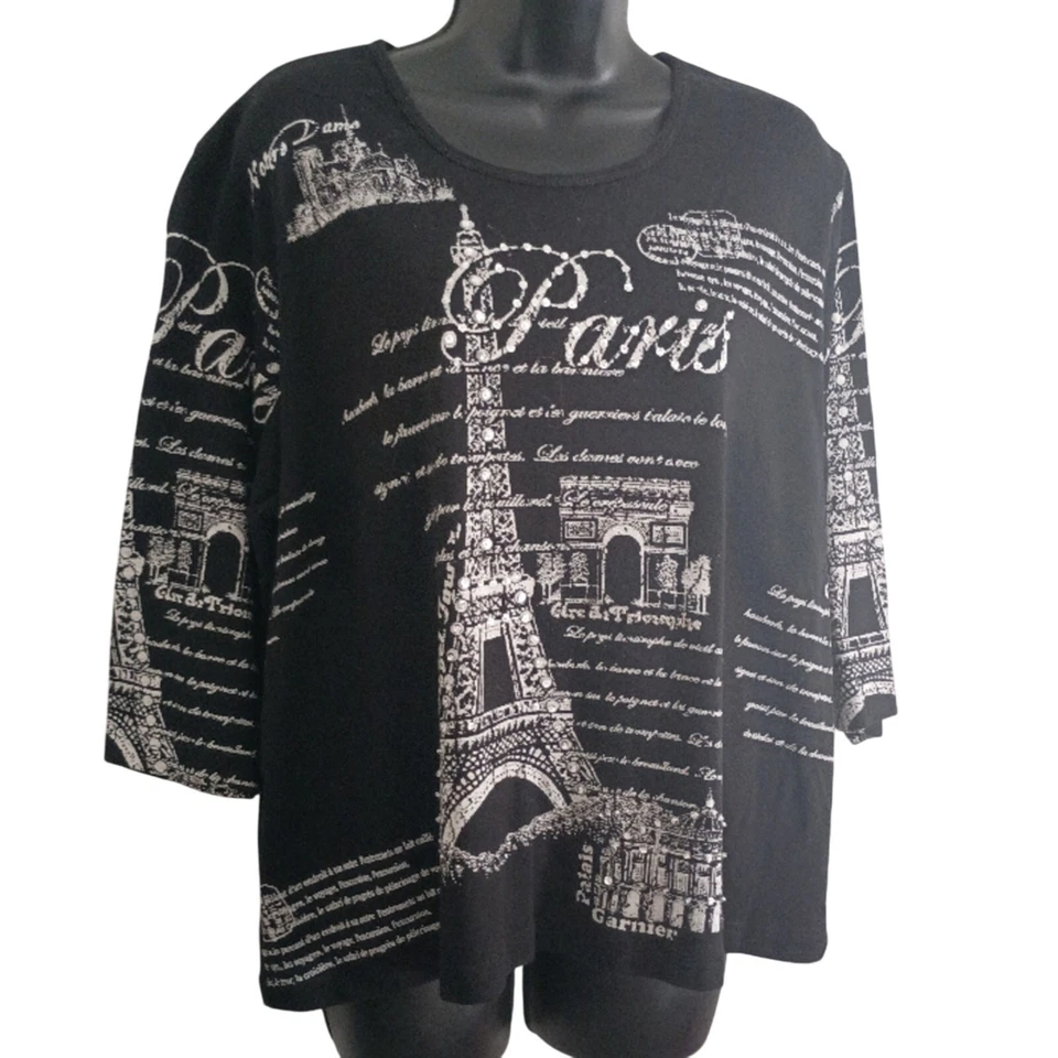 Vintage White Stag Black/White Paris Graphic Top Size 2X Sequins Travel France - Image 2 of 4