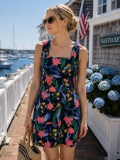 J.Crew Women's Floral Square Neck Sleeveless Cotton Sheath Dress  Blue 2 Classic