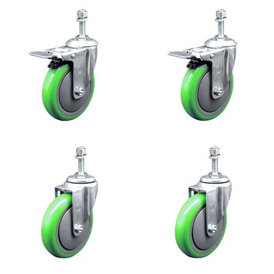 5 Inch Green Polyurethane Swivel 3/8 Inch Stem Caster Set 2 Total Lock Brake SCC