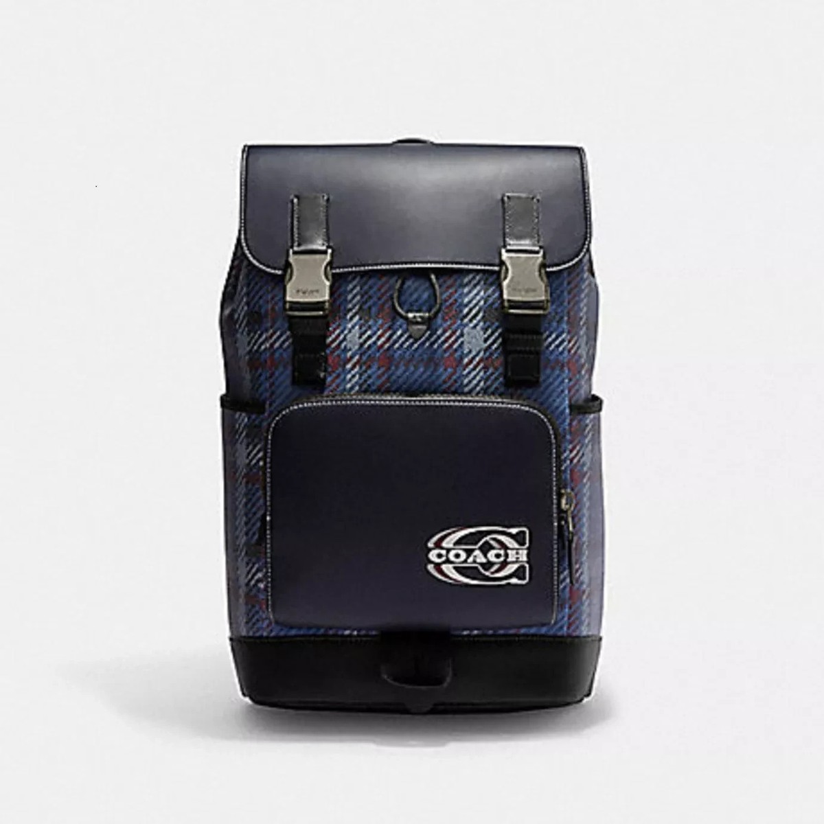 coach backpack plaid leather vinyl Signature coated canvas and smooth leather Inside zip and multifunction pockets Double zip closure fabric lining Handle with 2 1/4 drop Outside zip pocket Adjustable shoulder straps 10 3/4 (L) x 12 1/2 (H) x 4 3/4 (W) Style No. NWT Coach Printed Leather Campus