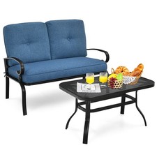 2PCS Patio Loveseat Bench Table Furniture Set Cushioned Chair Blue