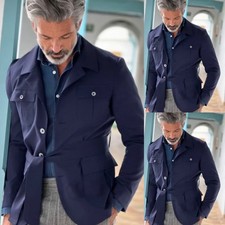 Navy Men's Suits Safari Jacket Casual Blazer Business Formal Workwear Coat