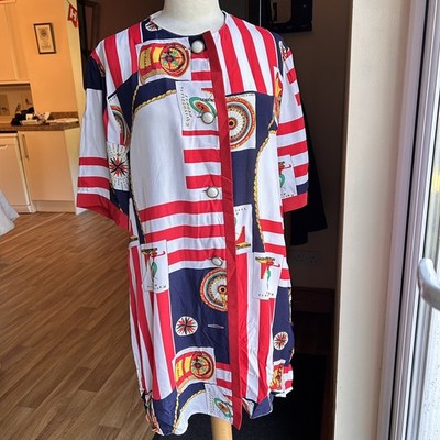  Vintage Nautical Scarf Print Shirt Dress Compass Map Chain Stripe Red Blue Sz L