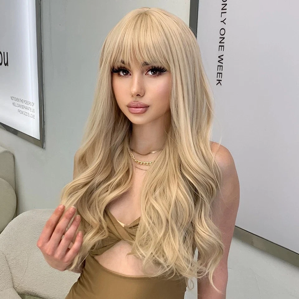 Long Wavy Mixed blonde Heat Resistant Synthetic Hair Cosplay Wig With Bangs - Image 3 of 4