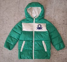 Benetton Kids Winter Jacket S 6-7 Years Green White Hooded Warm Used
