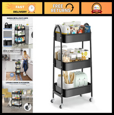3-Tier Rolling Utility Cart with Lockable Wheels, Metal Storage Organizer Trolle