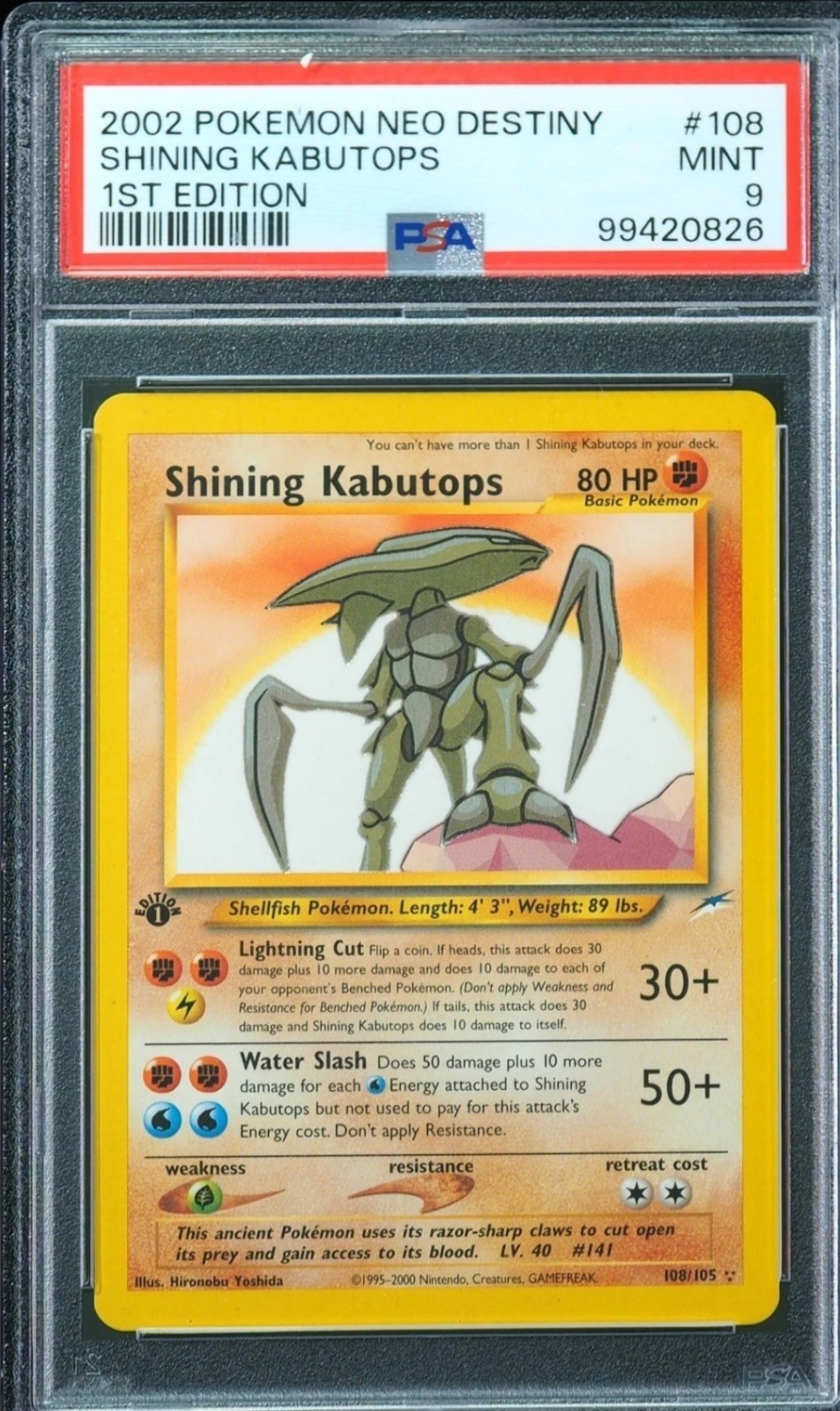 2002 Pokemon Neo Destiny 1st Edition Shining Kabutops Holo #108/105 PSA 9