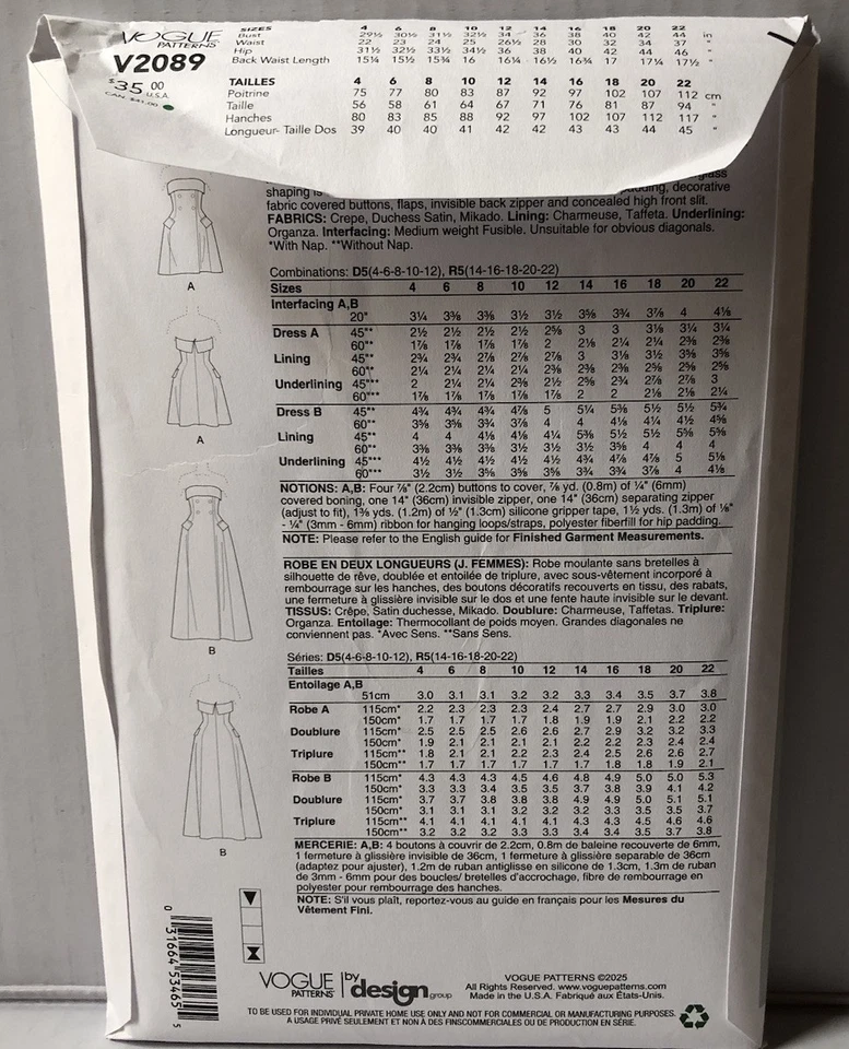 Vogue Sewing Patterns 2089 Misses Dress in Two Lengths. Sizes 4-6-8-10-12 . New. - Image 2 of 2