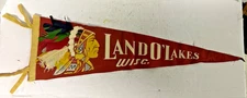 1950s LAND O' LAKES, WISCONSIN vintage 25" souvenir felt pennant w/5 Feathers