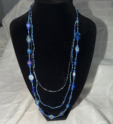 Blue Glass Beaded Layered Bohemian Necklace, Box Chain, Lobster Clasp