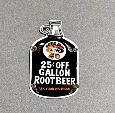 VINTAGE A & W ROOT BEER SODA COLA PORCELAIN SIGN CAR GAS TRUCK OIL MOTORCYCLE