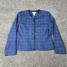 Pendleton Blazer Jacket Womens 10P Blue Plaid Wool Collarless Lined Button Front