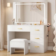 Vanity Desk with Mirror and Lights, Modern Vanity Makeup Dressing Table Bedroom