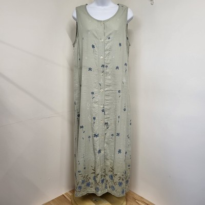 Lemon Grass Sleeveless Sun Dress Women's Sz Medium Pale Green Floral Linen Blend