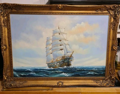Großes verziertes gerahmtes signiertes Ölgemälde einer Haarschneidemaschine unter vollem Segel 35 cm x 65 cm
