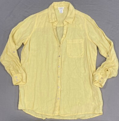 Sigrid Olsen Women's Tunic Blouse M Yellow 100% Linen Long Roll Tab Sleeve Beach