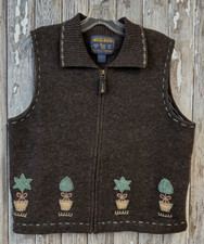 VTG Womens Woolrich M LAMBS WOOL VEST Brown Zip Front Hand Embroidered Topiary