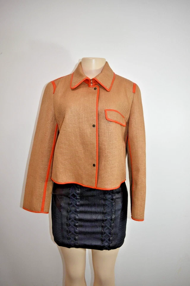 Jaqueta/blazer AKRIS marrom mistura de algodão acabamento vermelho couro tamanho 40/8EUA à venda jf - Imagem 2 de 4