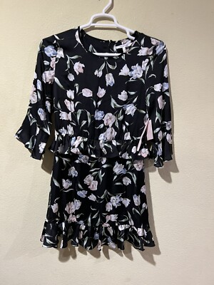 AVEC LES FILLES Black Ruffle Tiered Floral Satin Short Dress Lined Sz 10 NWT A2