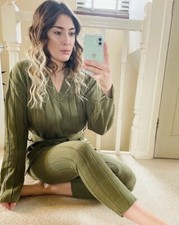 Ladies Khaki Ribbed Knitted Long Sleeved Top Leggings Loungewear Set Size M/L