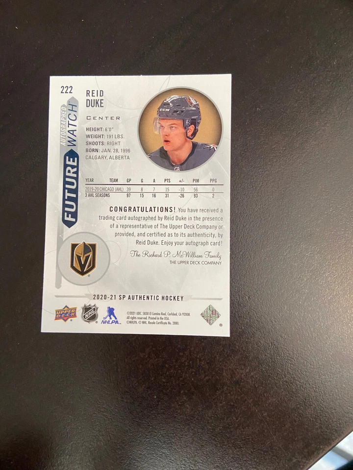 2020-21 SP Authentic Auto Future Watch /999 Reid Duke #222 Rookie Auto RC - Image 2 of 2