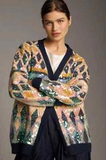 NWT Anthropologie Maeve Patterned Sequin Oversized Cardigan Sweater XS