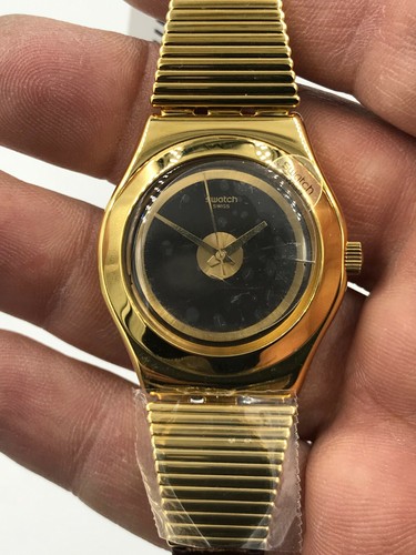 Swatch Watch Irony YLG130 HIGH NECK Black Dial Gold Plated Brand New Working - Picture 1 of 12