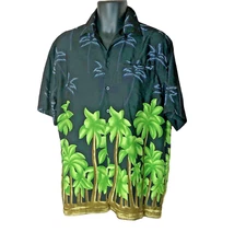 Pacific & Co Mens Size Medium Button Front Hawaiian Shirt Black Green Palm Trees