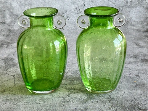 Pair Blenko Style MCM Hand blown Green Bubble Glass Vases Clear Art Deco Handles