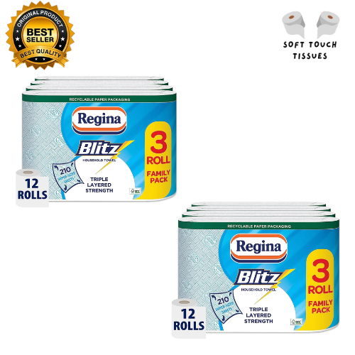 Regina Blitz Household Towels – 12 Triple Layered Rolls, 70 Sheets Per Roll, Paper Packaging, FSC Certified Paper, Recyclable Packaging, 60% Larger Than Standard Kitchen Roll Sheets