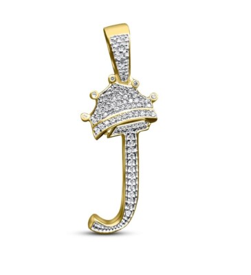 Echt 10k Gelbgold echter Diamant Krone 3D Anfangsbuchstabe Alphabet Anhänger