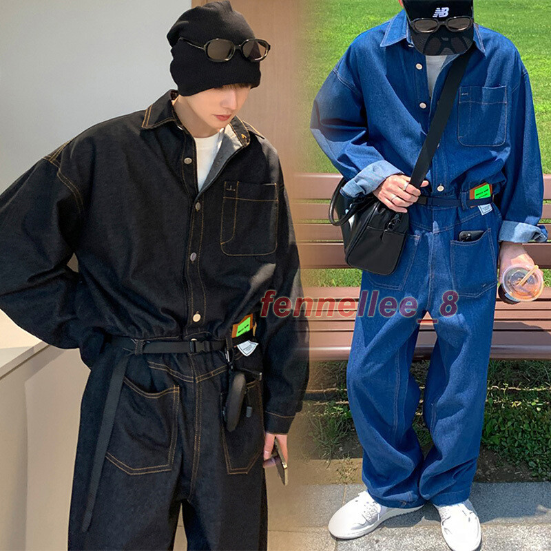 Men's Hip Hop Denim Jumpsuit Loose Dungarees Jeans Overalls