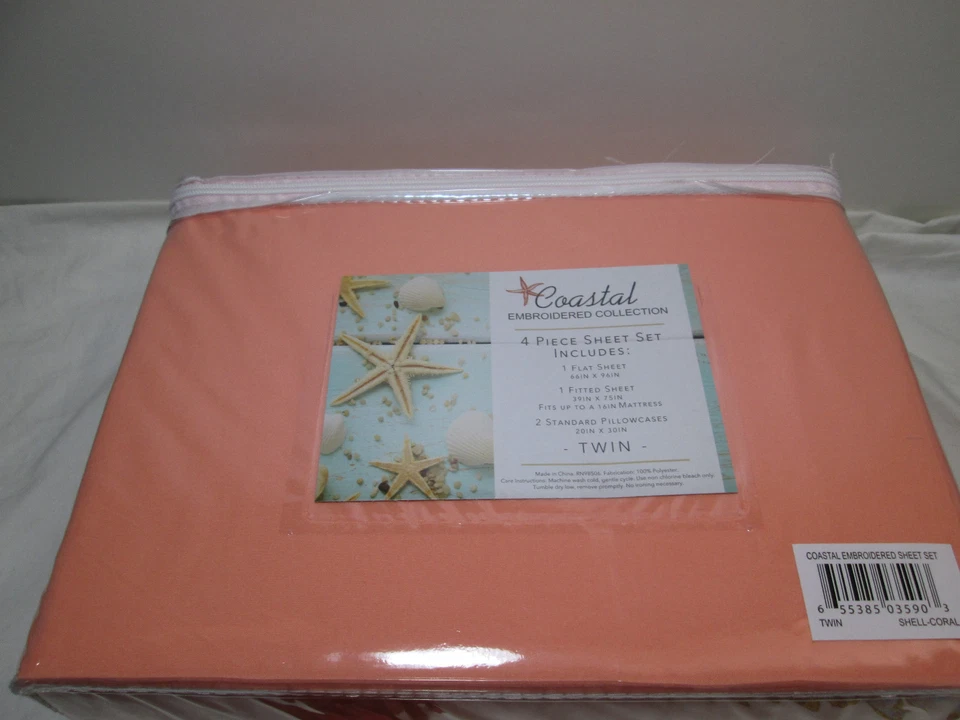  New Coastal SHELL Embroidered Collection 4 pcs Twin Sheet Set ~ Shell-Coral NIP - Image 4 of 4