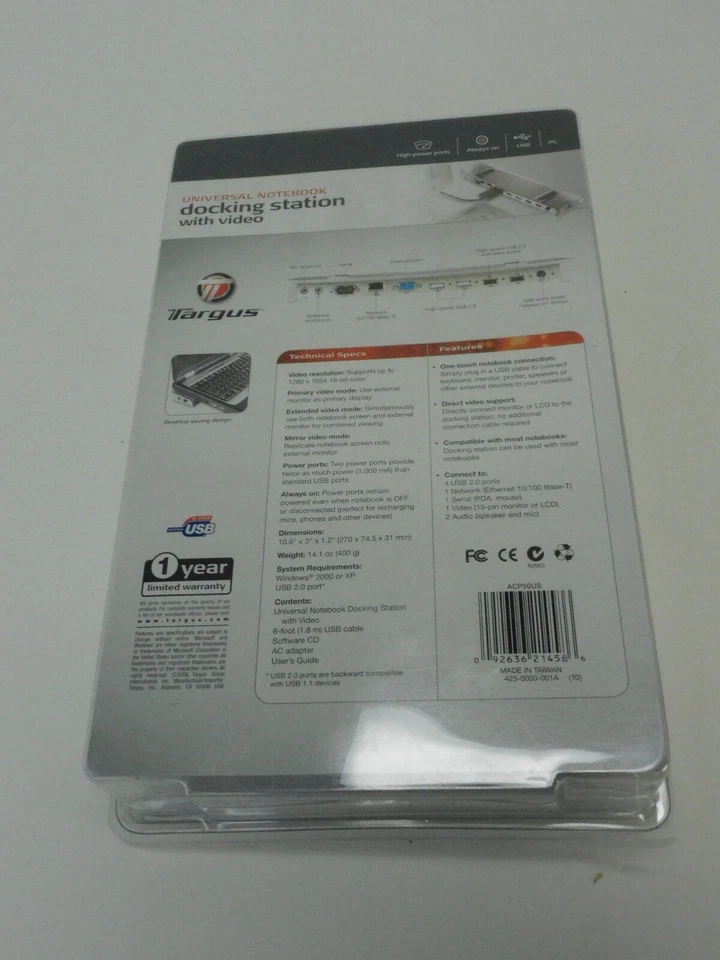 ESTACIÓN DE ACOPLAMIENTO UNIVERSAL USB PARA PORTÁTIL TARGUS ACP50US CON VIDEO Y AUDIO - ¡NUEVA!! Foto 3 de 4