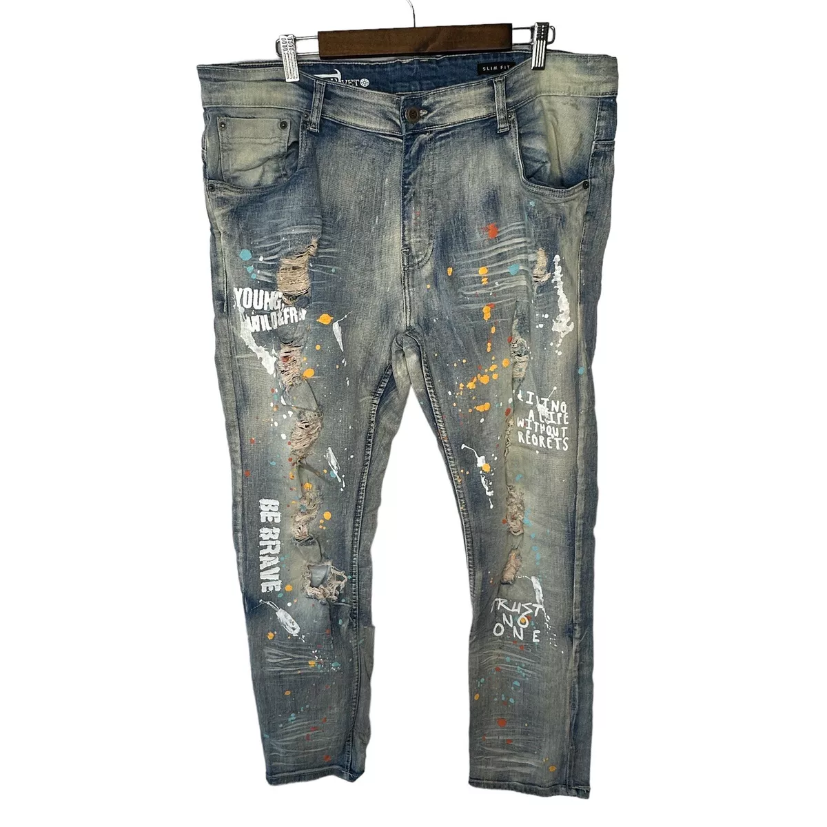 Copper Rivet Jeans Mens 40x 32 Slim Graffiti Distressed Paint Splatter Acid Wash