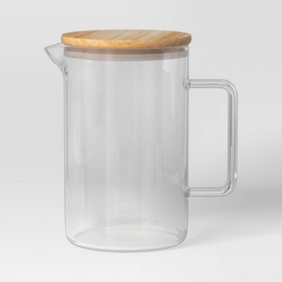 Glass Beverage Pitcher with Wood Lid