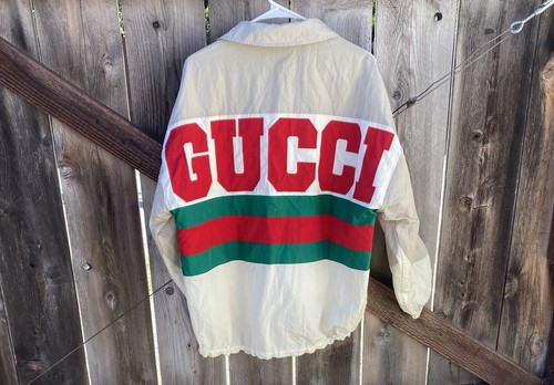 Authentic GUCCI Oversized Windbreaker Jacket Off-White Web Stripe Logo Back Sz S