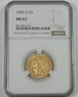 1909-D GOLD Indian Head Half Eagle $5 CERTIFIED NGC MS 62