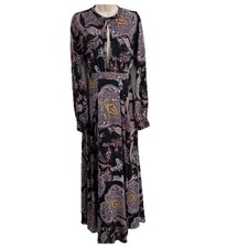 Express Womens Maxi Dress Size 6 Black Long Sleeve Plunge Tie Neck Boho Paisley