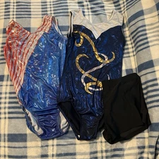 3pc leotard bundle- GK Elite America pattern, Amazon blue gold silver pattern