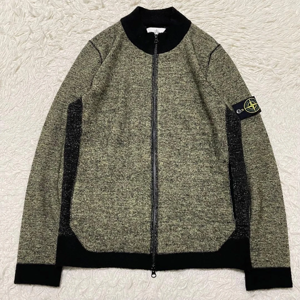 Stone Island Wool Knit Jacket Zip-Up Green size XL Alpaca w/Logo Patch Track - Image 2 of 4
