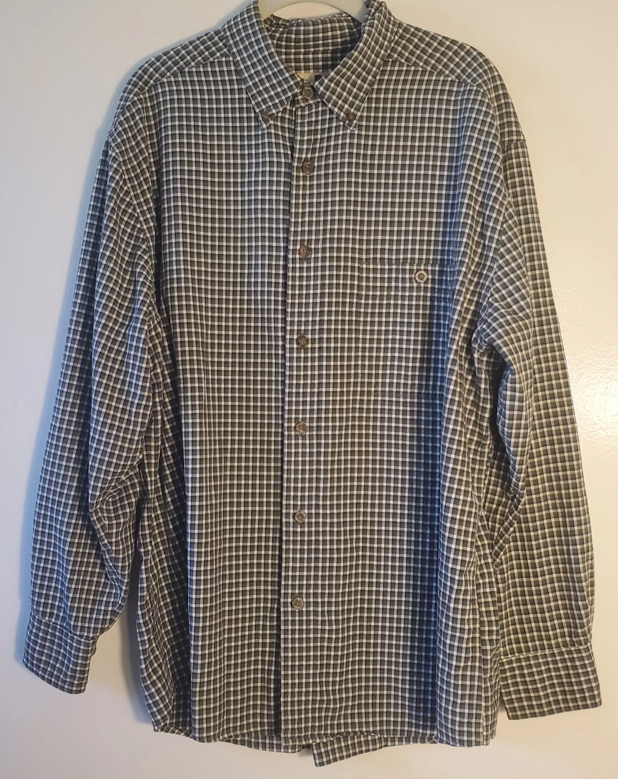 Woolrich Button Down Shirt Mens Large Long Sleeves Olive Tattersal Plaid Cotton