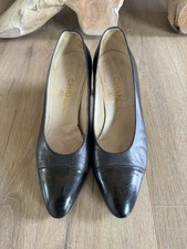 Authentic CHANEL 37.5 US 7.5B Classic Black Calf Leather Pump 2" Heel Patent Toe