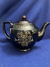 Vintage Japanese Redware Teapot Brown Glaze Gold Hand-Painted Floral — listing 3