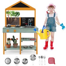 Kids Kitchen Playset Outdoor Mud Kitchen with Root Viewer Planter Removable Sink
