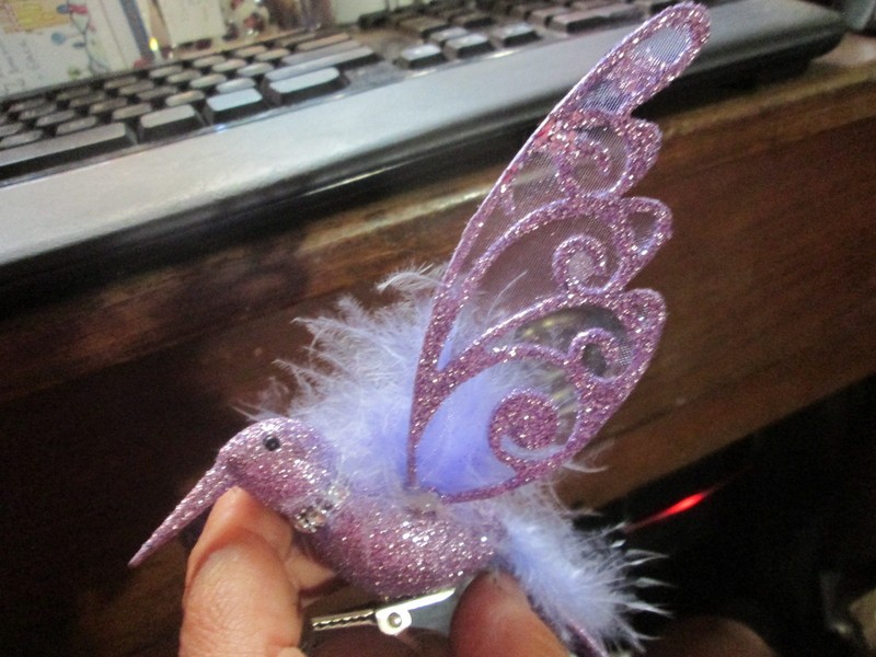 HUMMING BIRD ORNAMENT SUMMER SEQUIN LILAC MARIBOU FEATHER NETTED WING CLIP ON