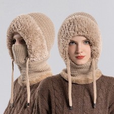Damen Winter Strickmütze Plüsch Kordel Gesicht Hals Ohrwärmer Schwarz