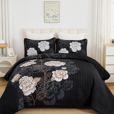 Floral Quilt Set King Size,Elegant Black Floral Printed Bedspread Coverlet 3 ...