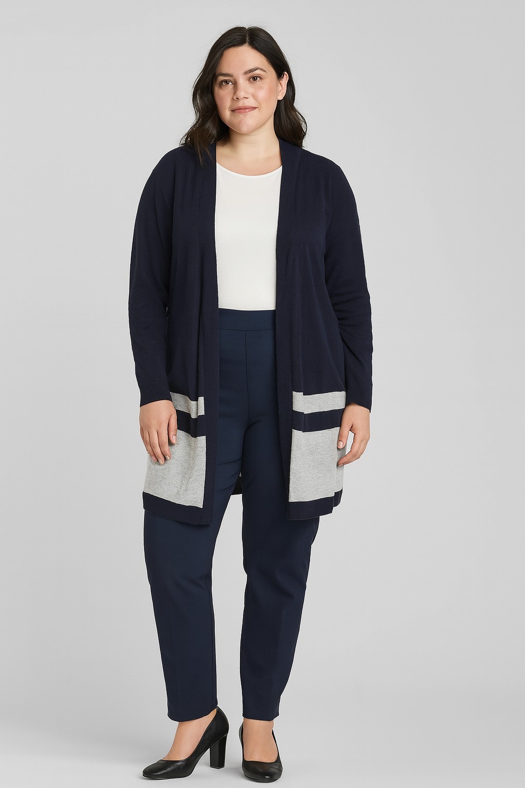 Ann Taylor Women’s Open Front Cardigan Medium Navy Gray Striped Hem Long Sleeve